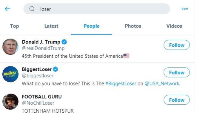 Twitter te muestra la cuenta de Trump, si buscas la palabra perdedor