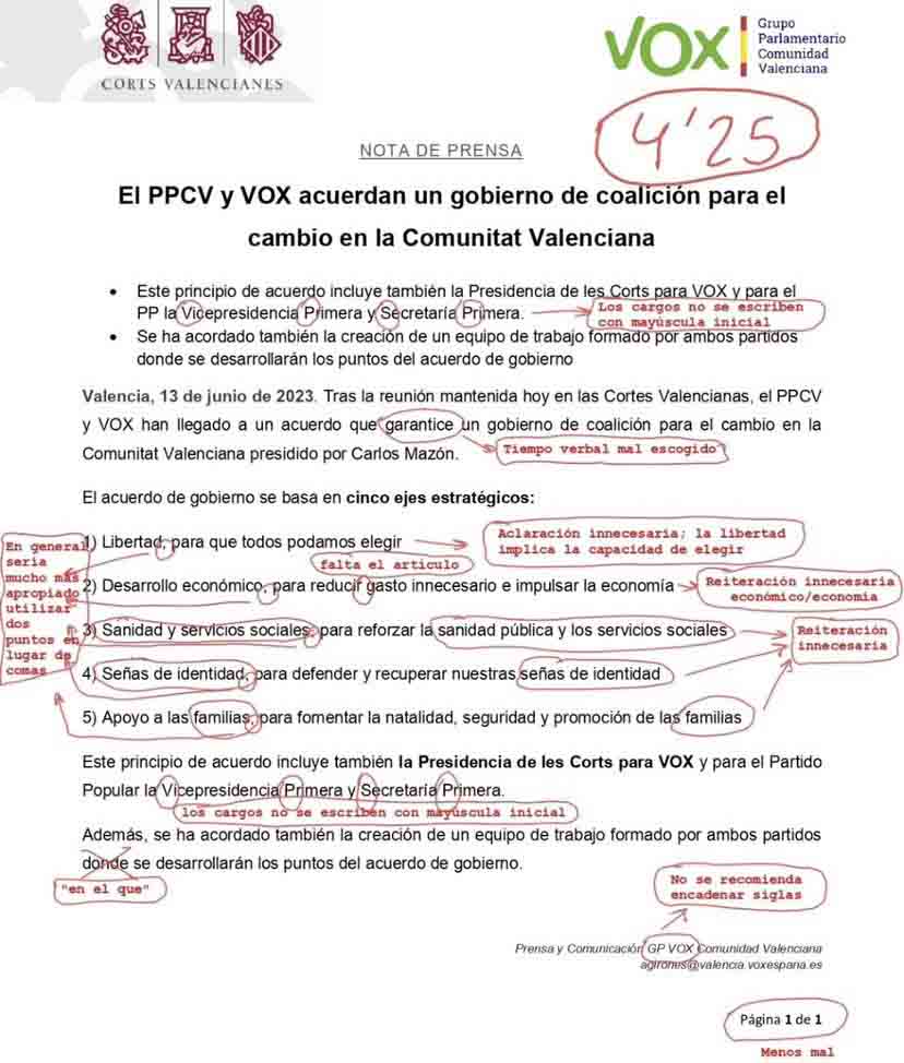 La garrafal nota de prensa del acuerdo entre el PP y la ultraderecha en la Comunidad Valenciana